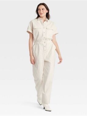 Universal Thread Short-Sleeve Utility Jumpsuit in Cream